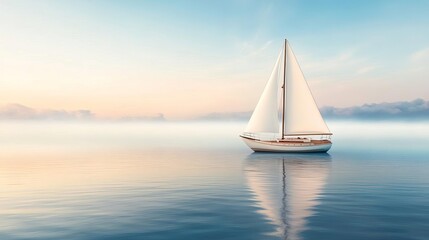 Fog drifting over sailboat in calm sea, distant horizon, 3D illustration