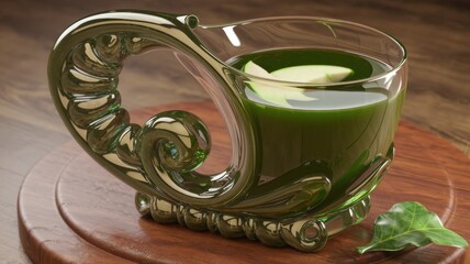 Art Nouveau Glass Mug with Green Drink and Apple Slices