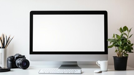 Fototapeta premium Modern White Desk with Blank Computer Screen