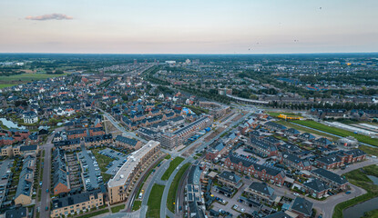 Obraz premium Aerial cityscape of Amersfoort city in the Netherlands during sunset. Panoramic view. 