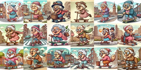 Obraz premium Funny granny ride board. AI generated illustration