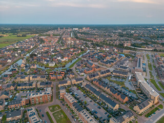 Aerial view of the Fathorst residential area in Amersfoort in the Netherlands with evening sky.
