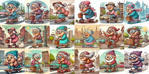 Funny granny ride board. AI generated illustration