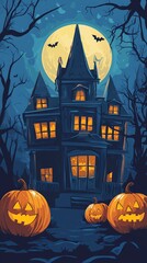 Fototapeta premium Halloween spooky haunted house, pumpkin bat night moon vector design card