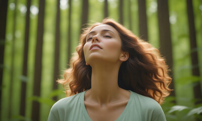 Naklejka premium A woman in a green shirt breathes deeply in a forest on a sunny day
