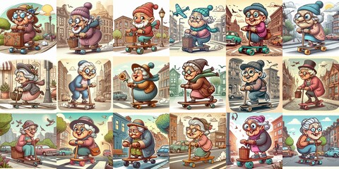 Funny granny ride board. AI generated illustration