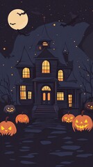 Halloween spooky haunted house, pumpkin bat night moon vector design card