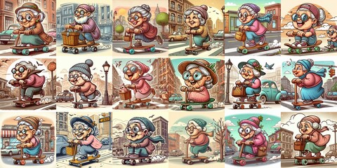Obraz premium Funny granny ride board. AI generated illustration