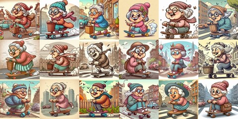 Fototapeta premium Funny granny ride board. AI generated illustration