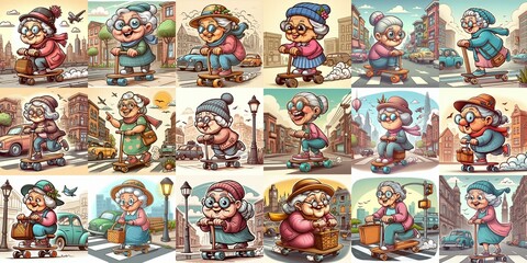 Naklejka premium Funny granny ride board. AI generated illustration