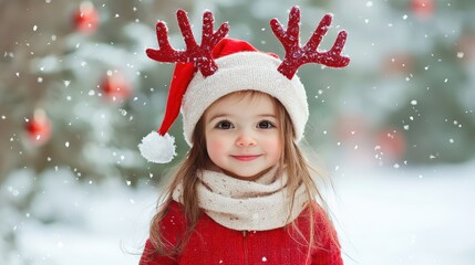 Child with reindeer antlers and red hat in snowy holiday setting
