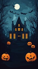 Fototapeta premium Halloween spooky haunted house, pumpkin bat night moon vector design card