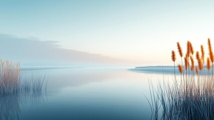 Foggy river bend, drift landscape, quiet waters, 3D illustration