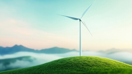 Obraz premium Grassy hill with drifting fog, windmill turning slowly, 3D illustration