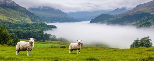Obraz premium Highland valley with drifting fog, sheep grazing, 3D illustration