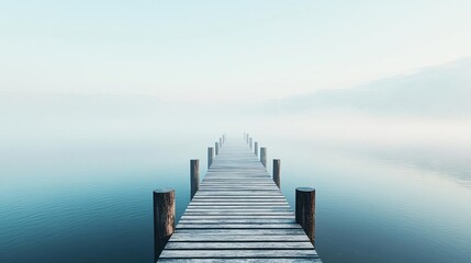 Fototapeta premium Lonely pier with drifting fog, quiet lake, 3D illustration