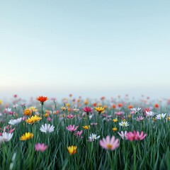 Obraz premium Meadow with fog drifting around wildflowers, morning dew, 3D illustration