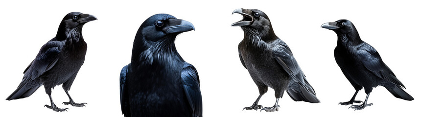 Fototapeta premium Realistic black ravens showcasing various poses and expressions transparent background