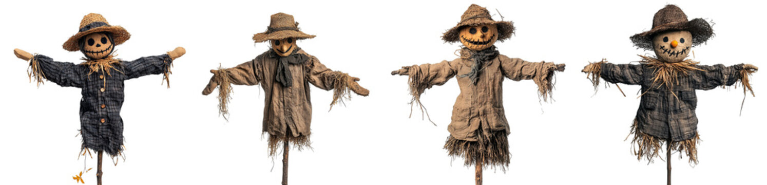 four scarecrows standing side by side autumn harvest transparent background