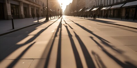 Naklejka premium A dry, bustling city street at noon with the sun shining, creating shadows on the pavement