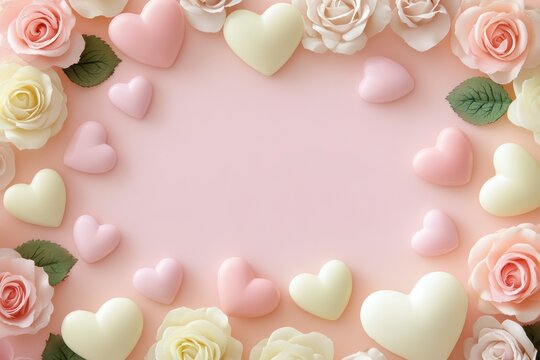 Decorative frame of pastel hearts and roses on a soft pink background.