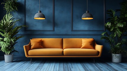 Obraz premium Minimalist Living Room Interior Design with Blue Walls, Yellow Couch, and Plants