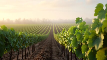 Naklejka premium Misty vineyard with fog drifting, grapevines stretching, 3D illustration