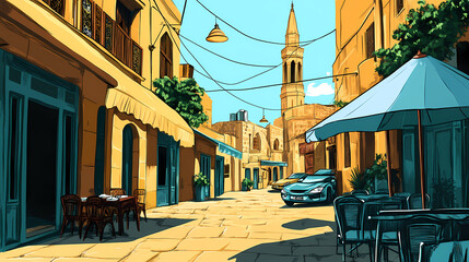 Obraz premium Lebanese mezze on a lively beirut street. Moorish Architecture. Illustration