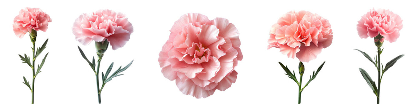 beautiful pink carnation flowers displayed different angles transparent background