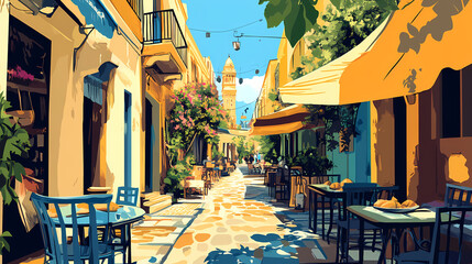 Fototapeta premium Lebanese mezze on a lively beirut street. Moorish Architecture. Illustration