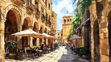 Obraz premium Lebanese mezze on a lively beirut street. Moorish Architecture. Illustration