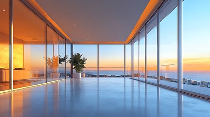 Fototapeta premium Luxury infinity pool with sunset view from panoramic windows of modern penthouse