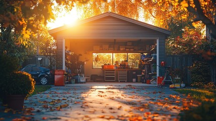 A couple organizes their garage, preparing for fall home maintenance with the setting sun casting warm, soft light through the open garage door.