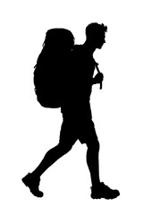 silhouette of walking man with backpacks, hiking, trekking - vector illustration
