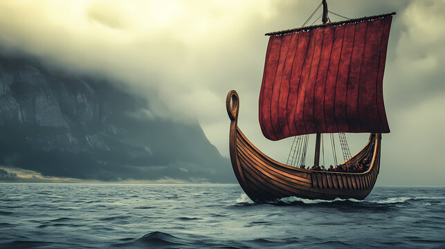 Majestic viking longship sailing across a stormy sea digital art illustration. Viking Longship. Illustration