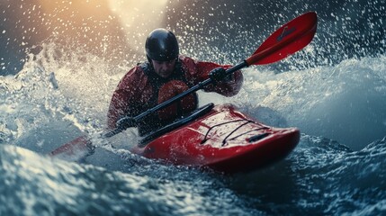 Obraz premium Intense Kayaking Adventure Through Whitewater Rapids at Golden Hour