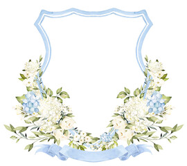 Vintage Crests and Monograms with Light Blue White floral Watercolor illustration