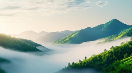 Fototapeta premium Rolling fog in a lush valley, morning dew effect, 3D illustration