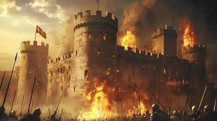 Fototapeta premium Medieval battle scene with armored soldiers fighting near a castle with fortified walls and towers, fire and smoke. Medieval Castle Siege. Illustration