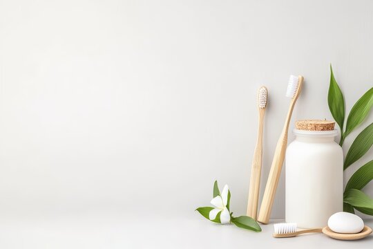 Eco-friendly dental care tools with natural elements on a white background.