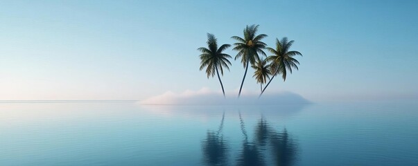 Fototapeta premium Secluded island with drifting fog, palm trees, 3D illustration