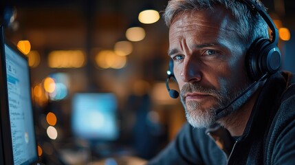 A middle-aged Caucasian male call center manager, wearing a headset, supervises and provides support in a modern office, demonstrating strong leadership.