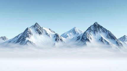 Obraz premium Snow-capped mountains enveloped in drifting fog, winter scenery, 3D illustration
