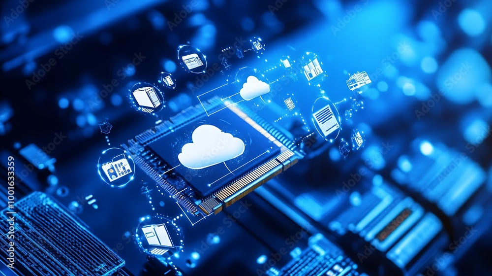 Aufkleber Cloud computing on a circuit board, with icons representing data and applications.