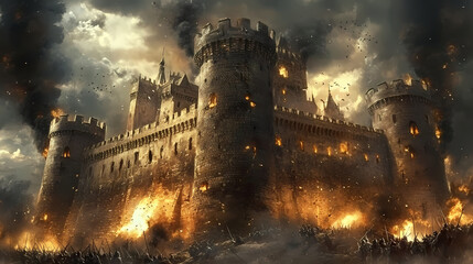 Fototapeta premium Medieval castle under siege and attack by armed soldiers. Medieval Castle Siege. Illustration