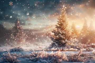 Fototapeta premium A Christmas tree is lit up in a snowy field.,