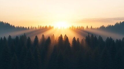 Obraz premium Sunset rays breaking through drifting fog in forest, golden glow, 3D illustration