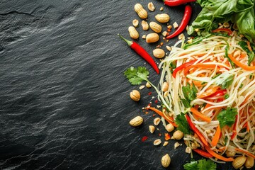 Fresh papaya salad with peanuts, herbs, and chili on a dark stone surface.
