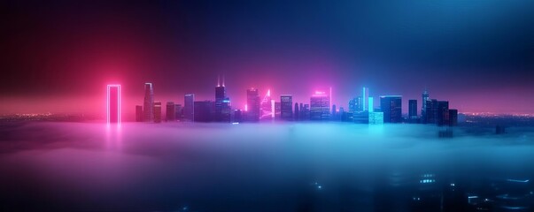Urban cityscape shrouded in drifting fog, neon lights glowing, 3D illustration