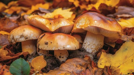 Mushrooms in autumn forest background composition